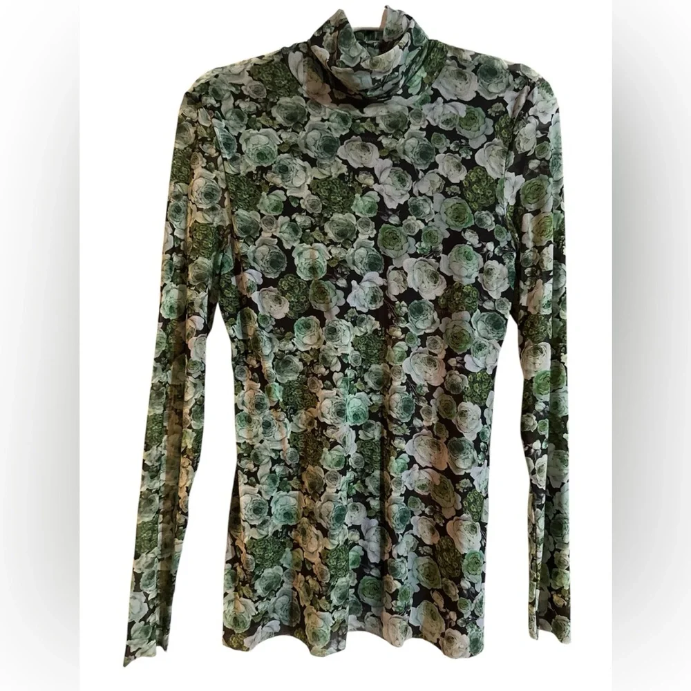 GANNI Floral Sheer Turtleneck Top Size 42 (Medium) Green Rose Mesh Stretch - Picture 2 of 6